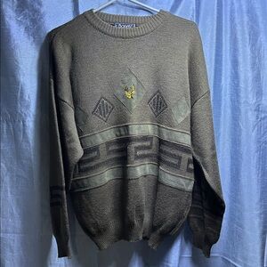 Men's Olive Sweater with Geometric Design and deer